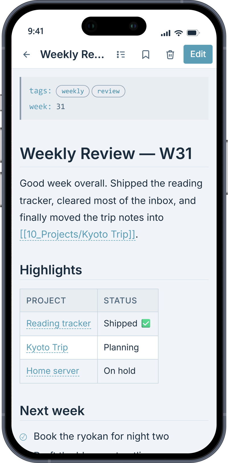 OB Lite rendering a Markdown note with tables and checkboxes on a phone